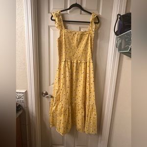 LARGE KATE SPADE YELLOW FLOWERED SMOCKED LINED MIDI DRESS, EUC